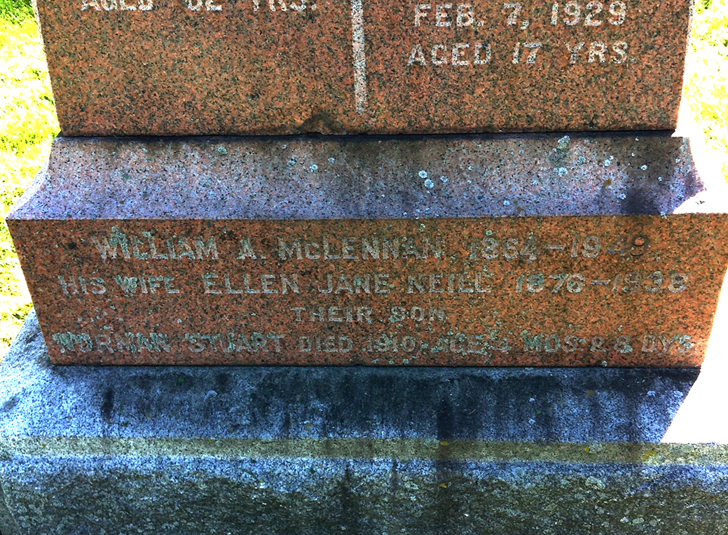 Photo of headstones/William A McLennan 1864-1949 hdstn Cornwwall Woodlawn cem ON